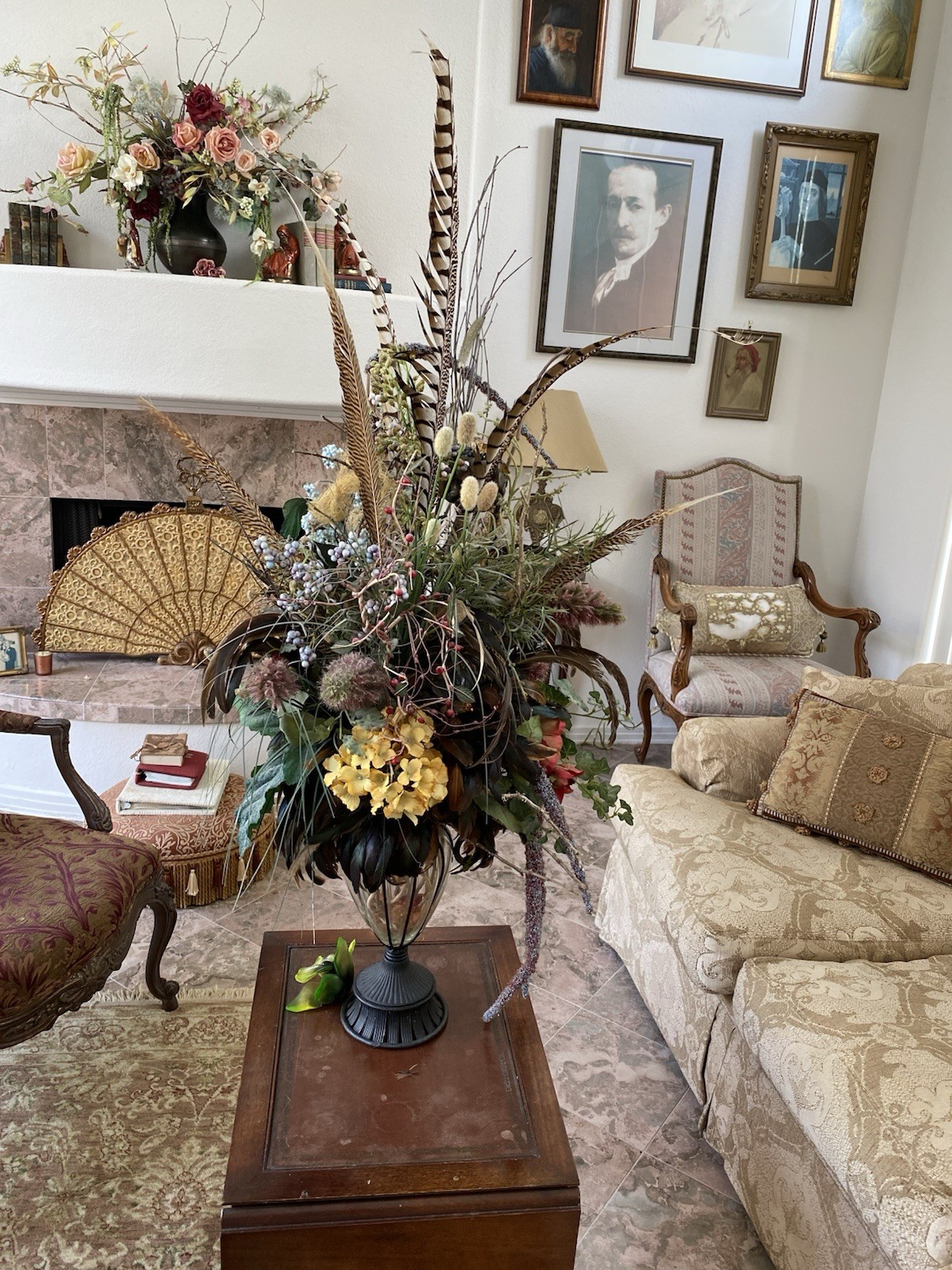 XL Custom Designer Muted Floral Arrangement W Pheasant Feathers, Silk & Dried