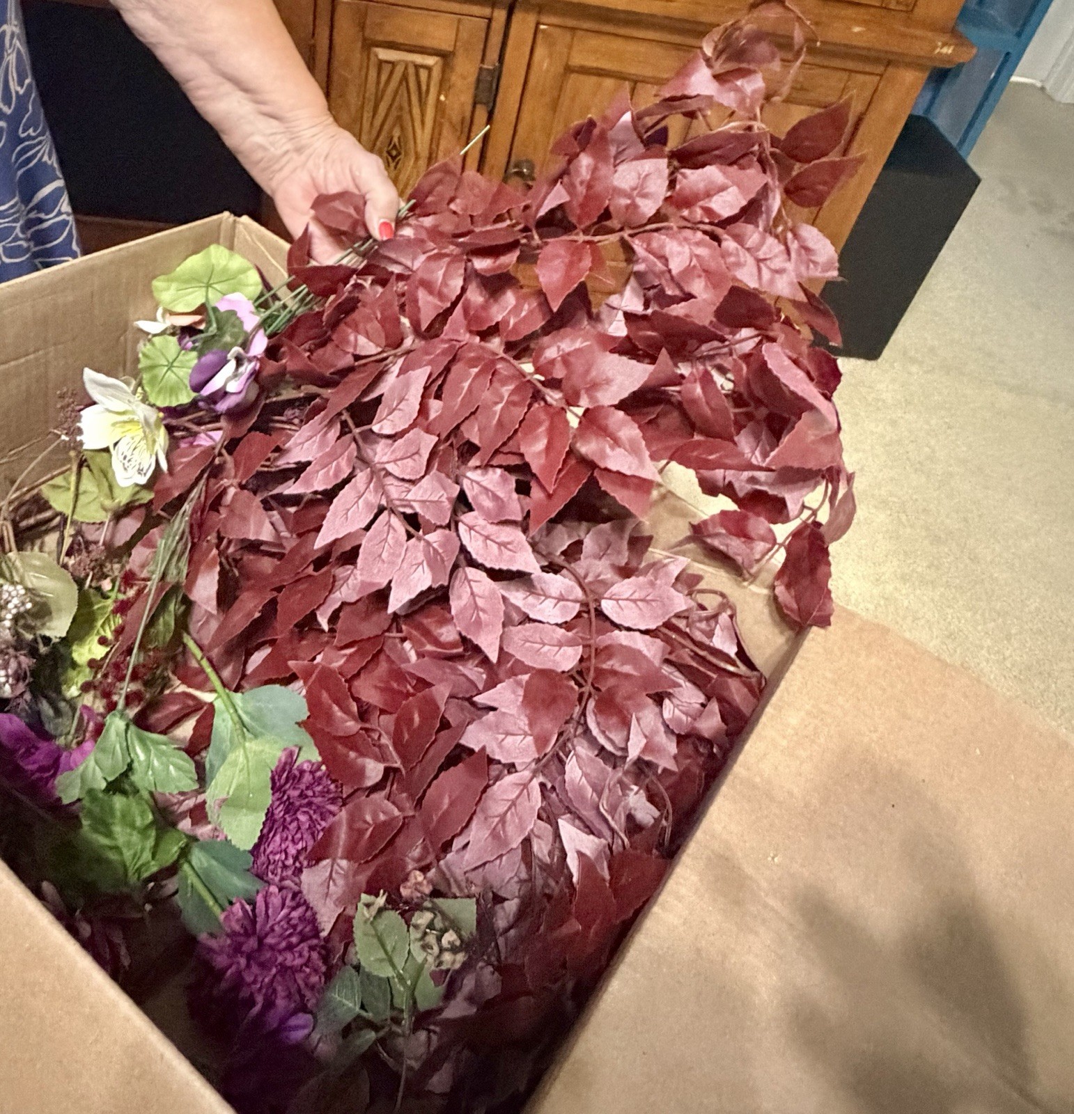 Large Lot / Box of Miscellaneous Artificial Silk Flowers – Burgundy Shades