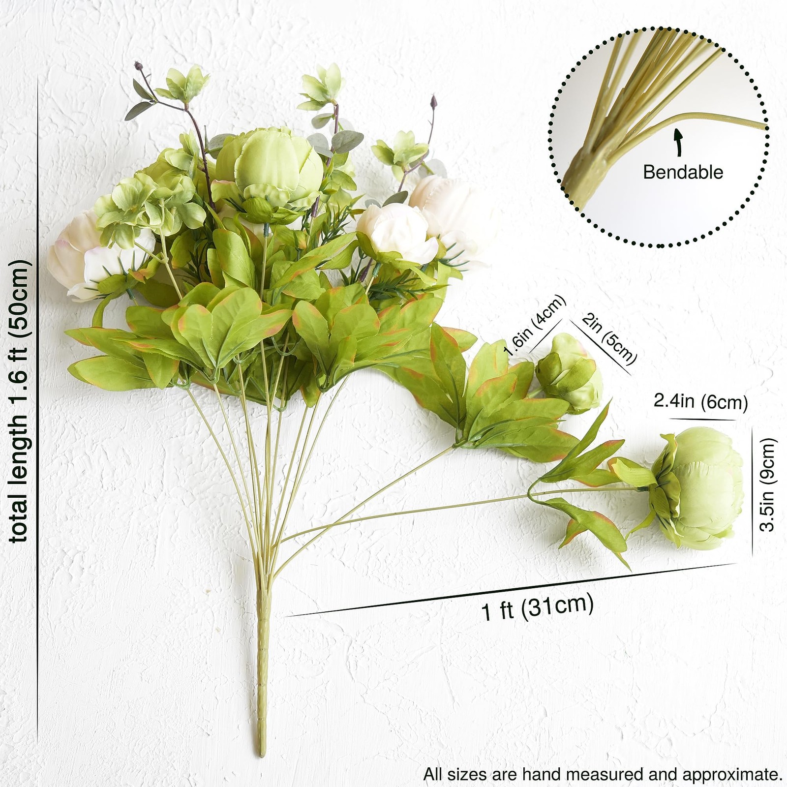 FiveSeasonStuff Artificial Peony Bouquets, 2 Cream Beige & Moss Green Silk Fl…