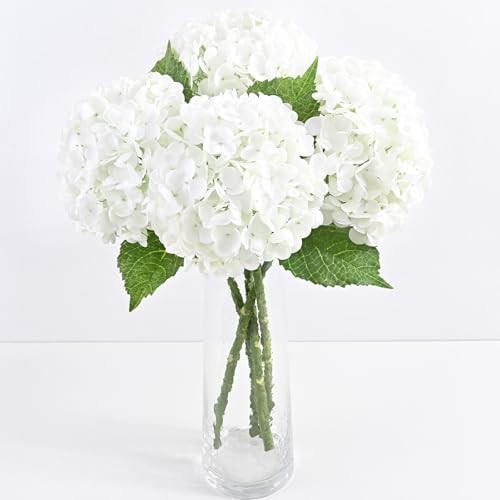 Real Touch Hydrangea Artificial Flowers, 21″ Full Faux Hydrangea 4 Pcs White