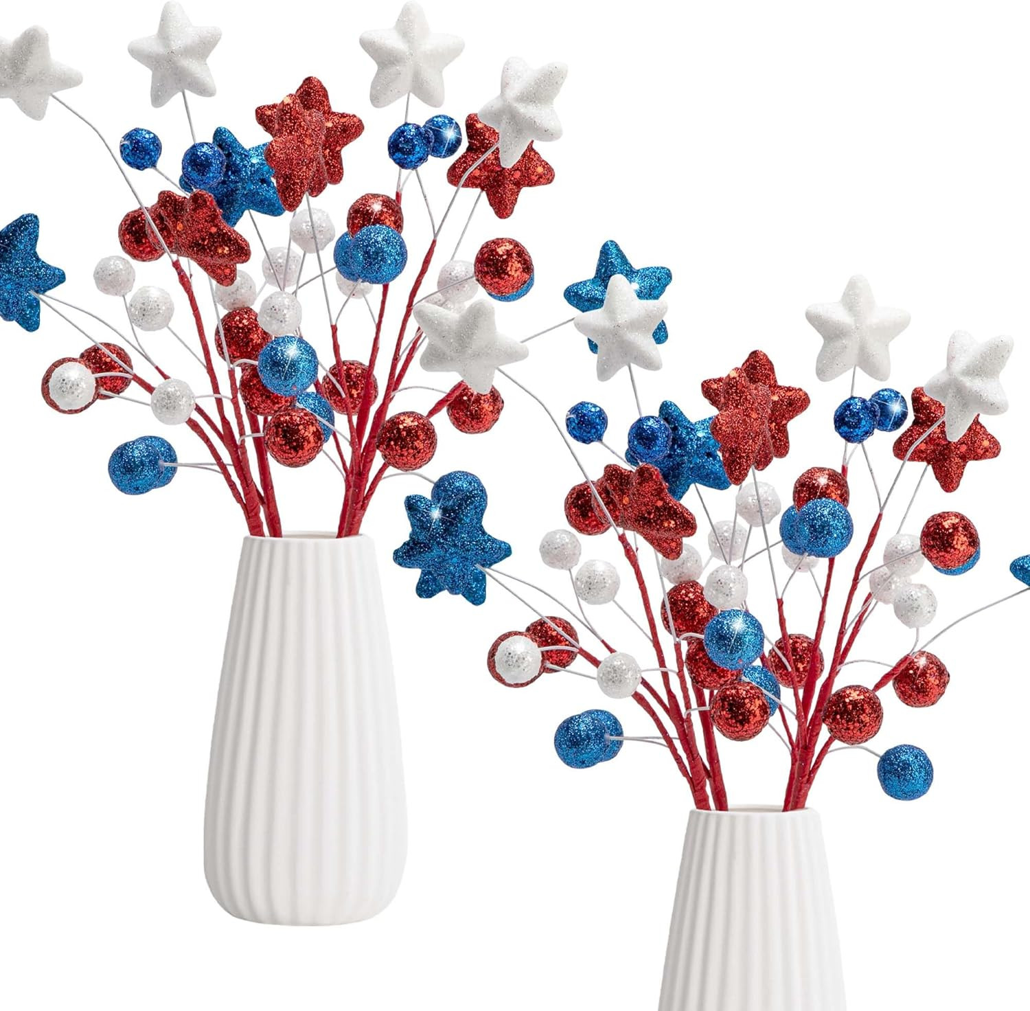 8 Pack 15″ Large Patriotic Glitter Ball Centerpiece Stems, Independence Day Arti