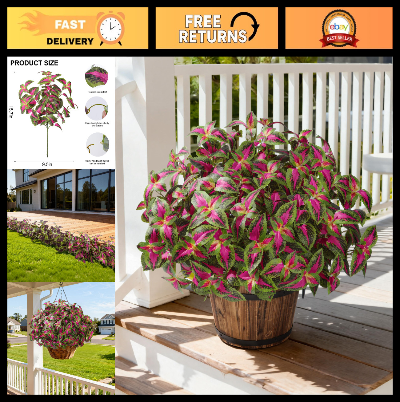 5 Pcs UV Resistant Faux Coleus Plants – Silk Greenery for Outdoor Garden Decor