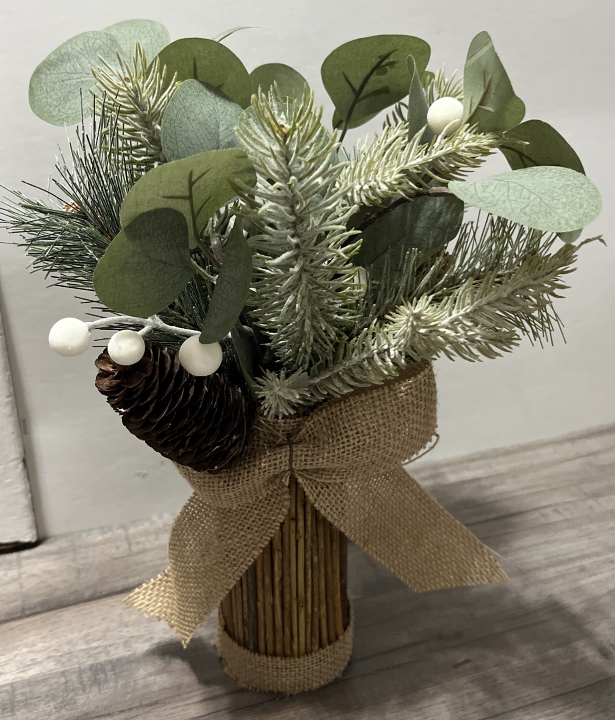 2 – 12” Rustic Greenery Arrangements Pine Cones Burlap Wood Base Country Cabin
