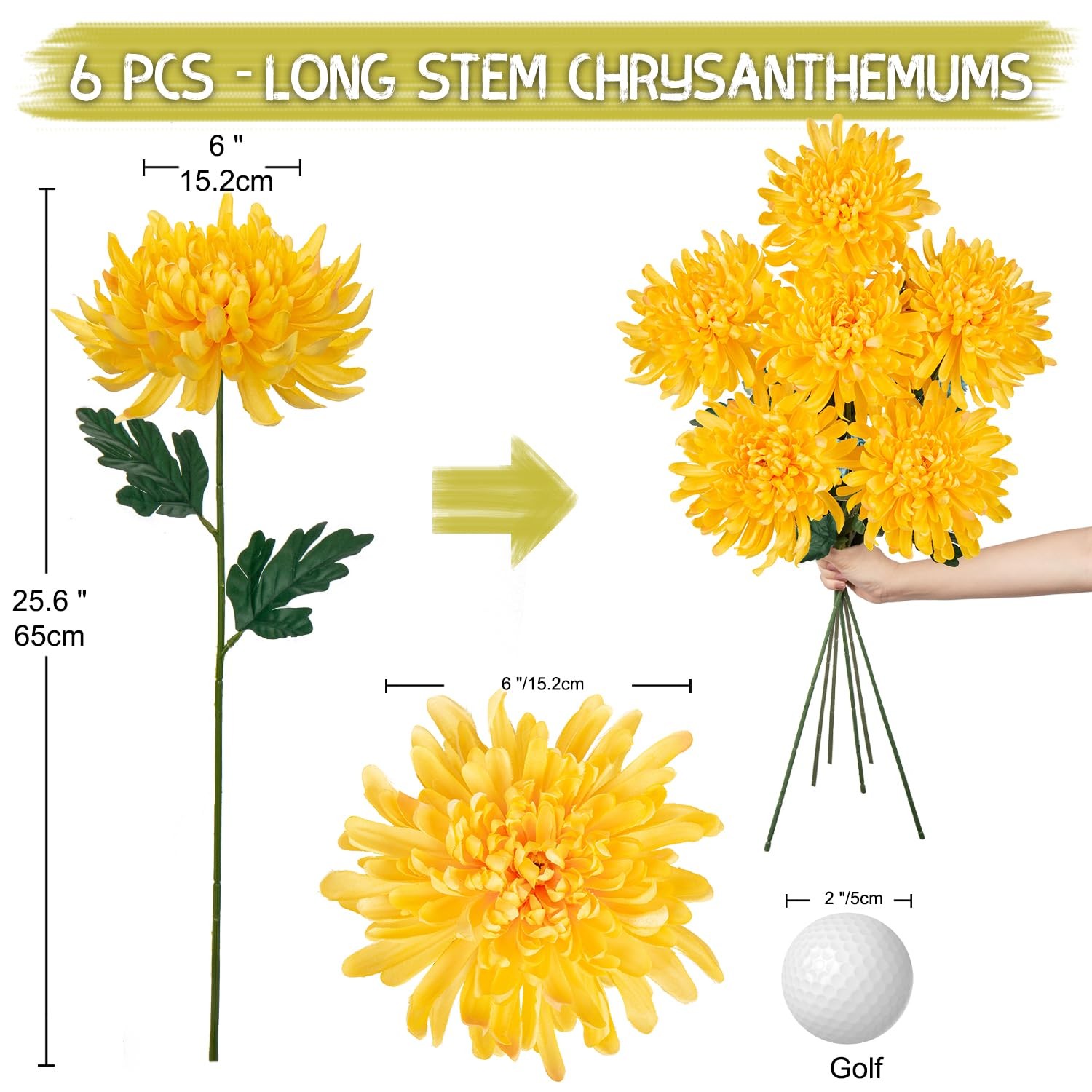 6 Pcs Yellow Artificial Mums for Outdoors Fall – 25.6’’ Long Stem Faux Chrysa…