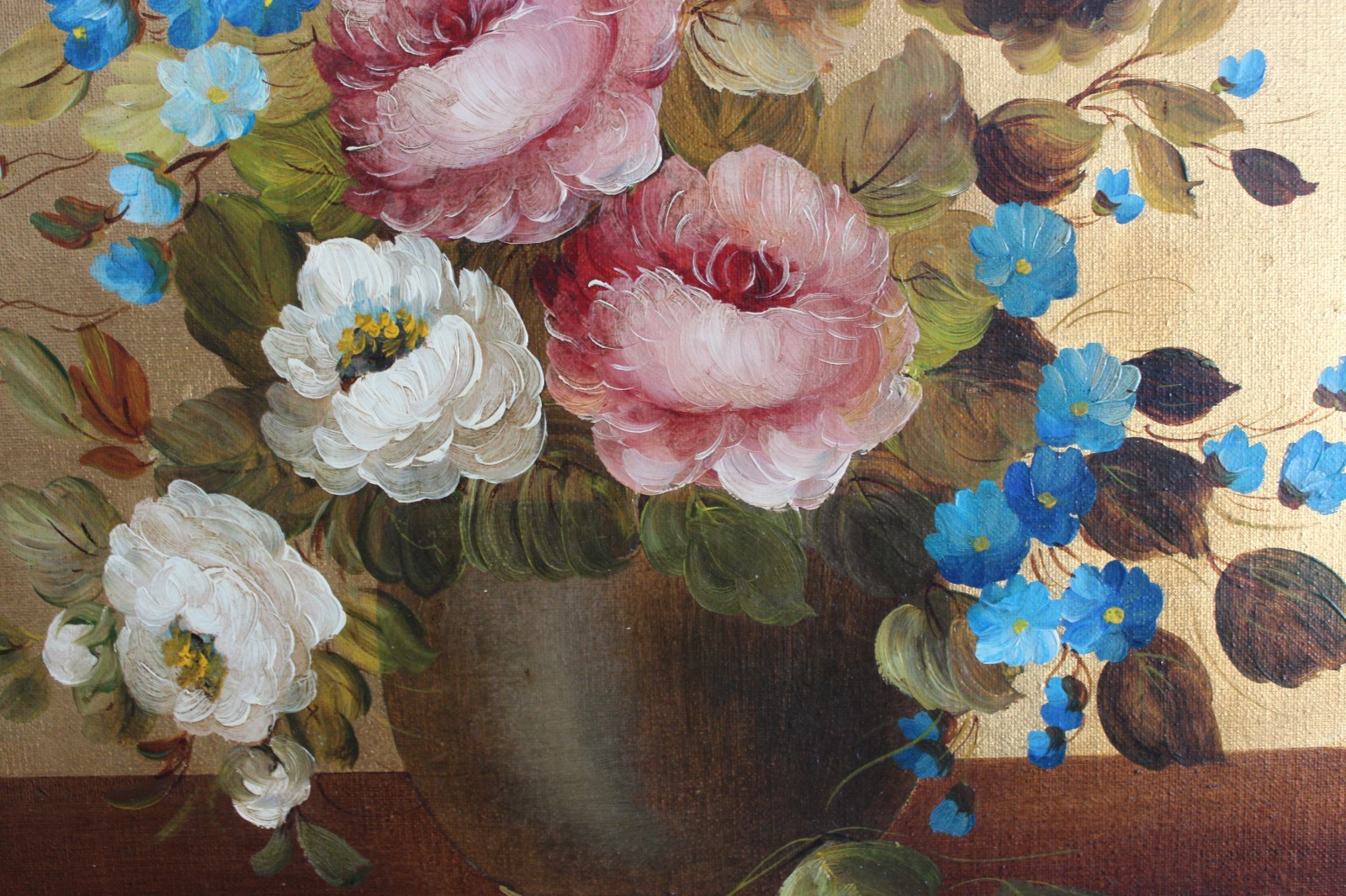 BIG GOLD GILT ORIGINAL OIL PAINTING STILL LIFE FLORAL MID CENTURY SIGNED CANVAS