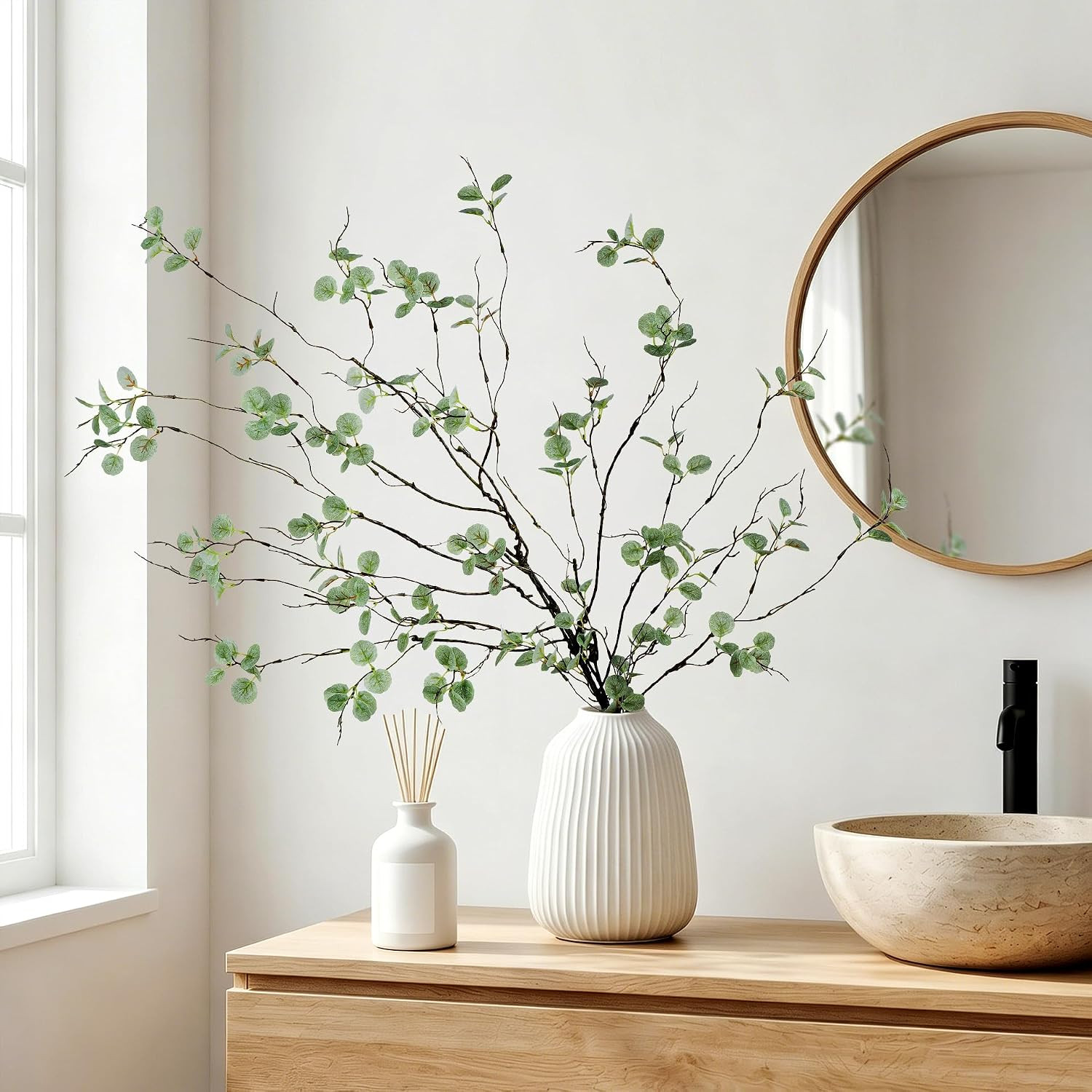 Faux Eucalyptus Stems for Vase – 4PC 36 Inch Artificial Plant Branches for Indoo
