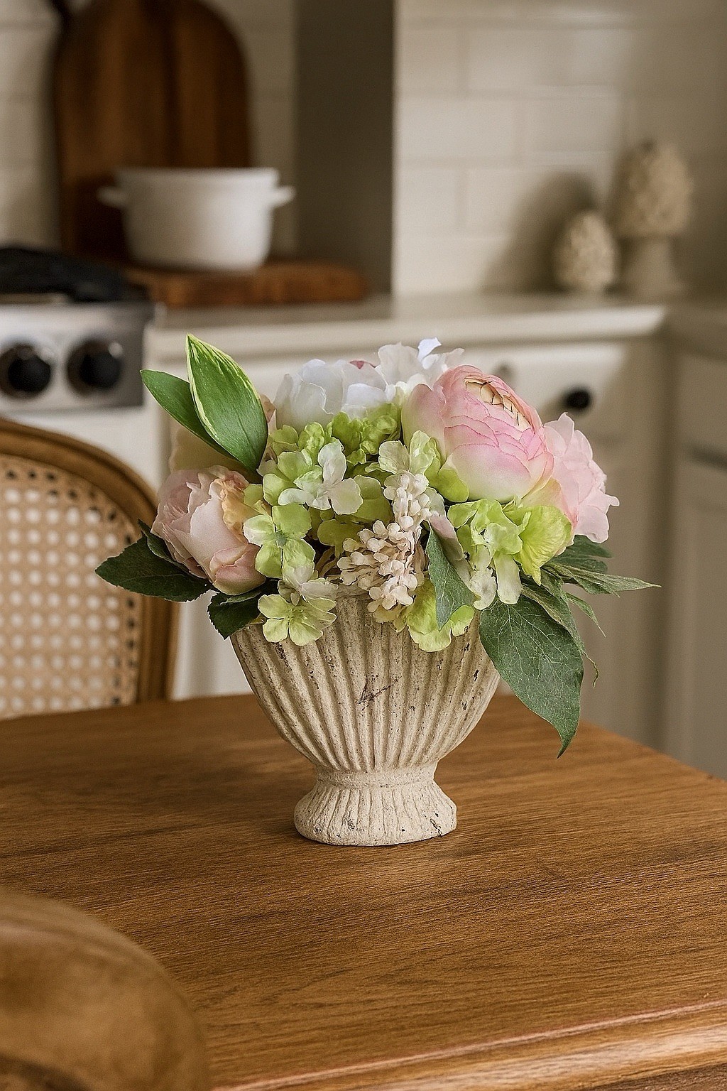 Faux Flower Arrangement in Fluted Urn Vase Cottage Decor