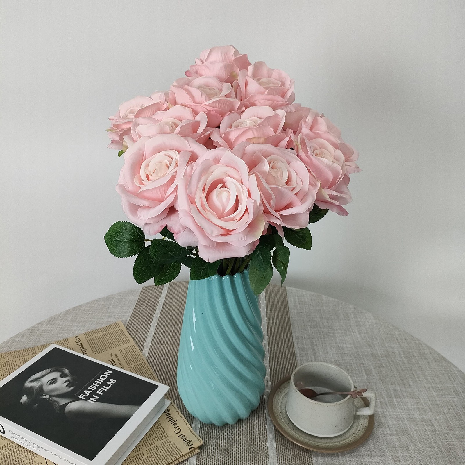 12 Pcs Light Pink Roses Artificial Flowers, Faux Baby Pink Flowers Bulk,Flora…