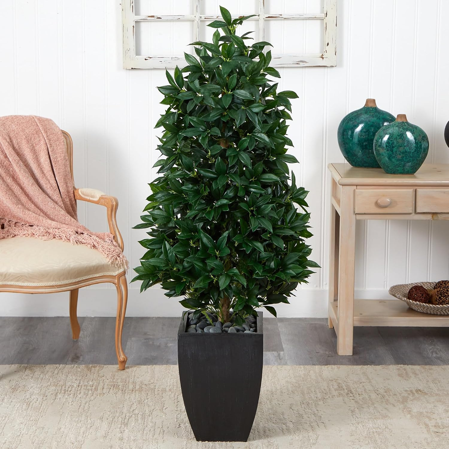 56In. Bay Leaf Cone Topiary Artificial Tree UV Resistant in Black Planter (Indoo