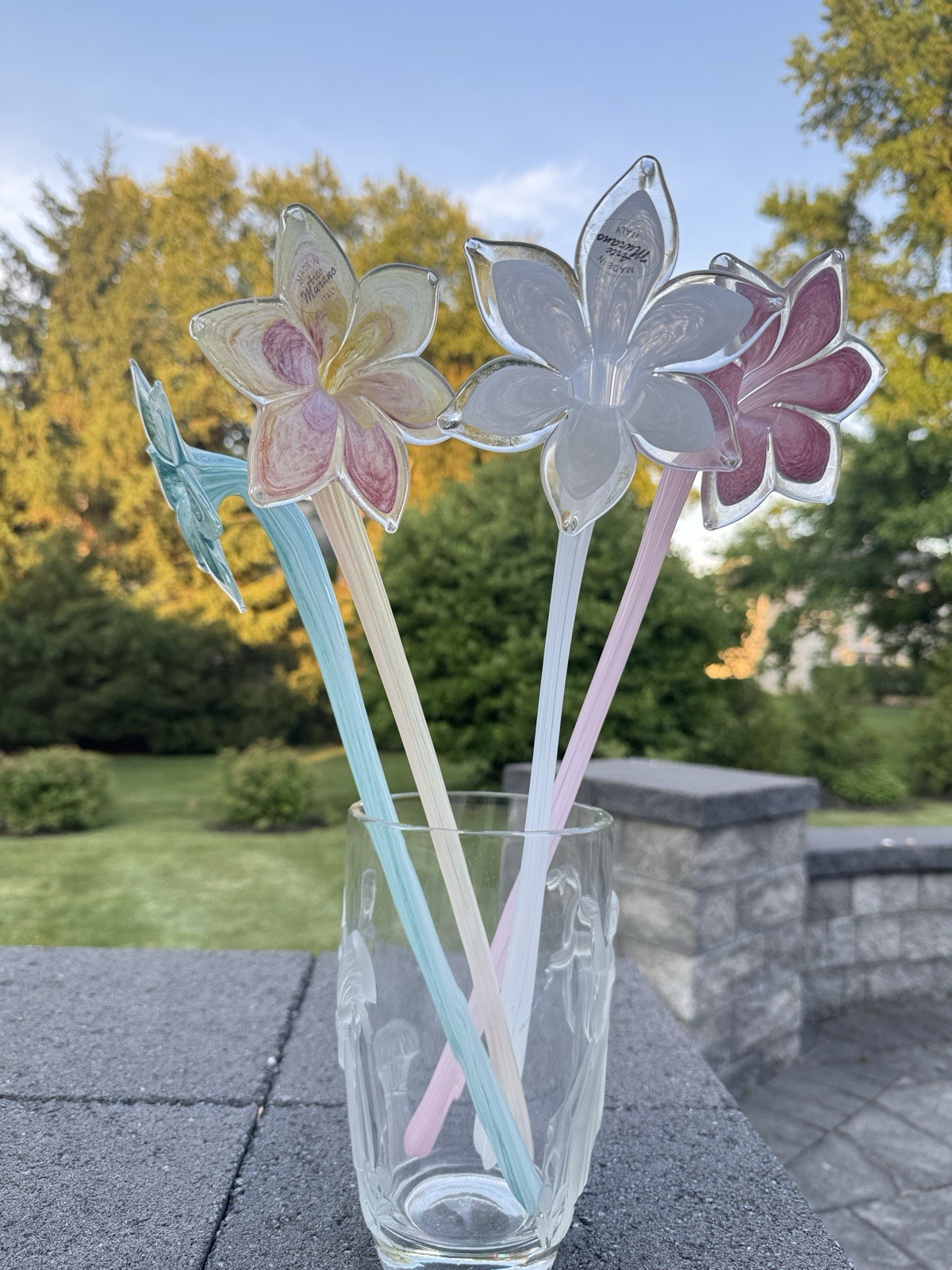 Arte Murano Italy Art Glass Flower Stems Hand Blown White Pink Blue 17.5″~4 Pc