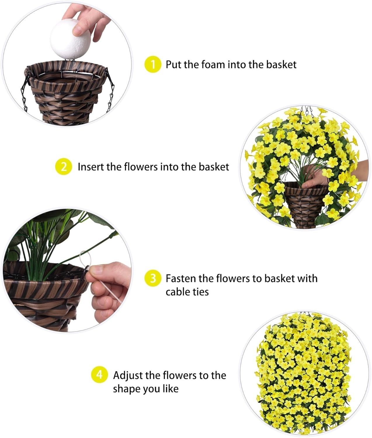 UV Resistant Faux Silk Yellow Daisy Hanging Plant Basket for -Round Decor