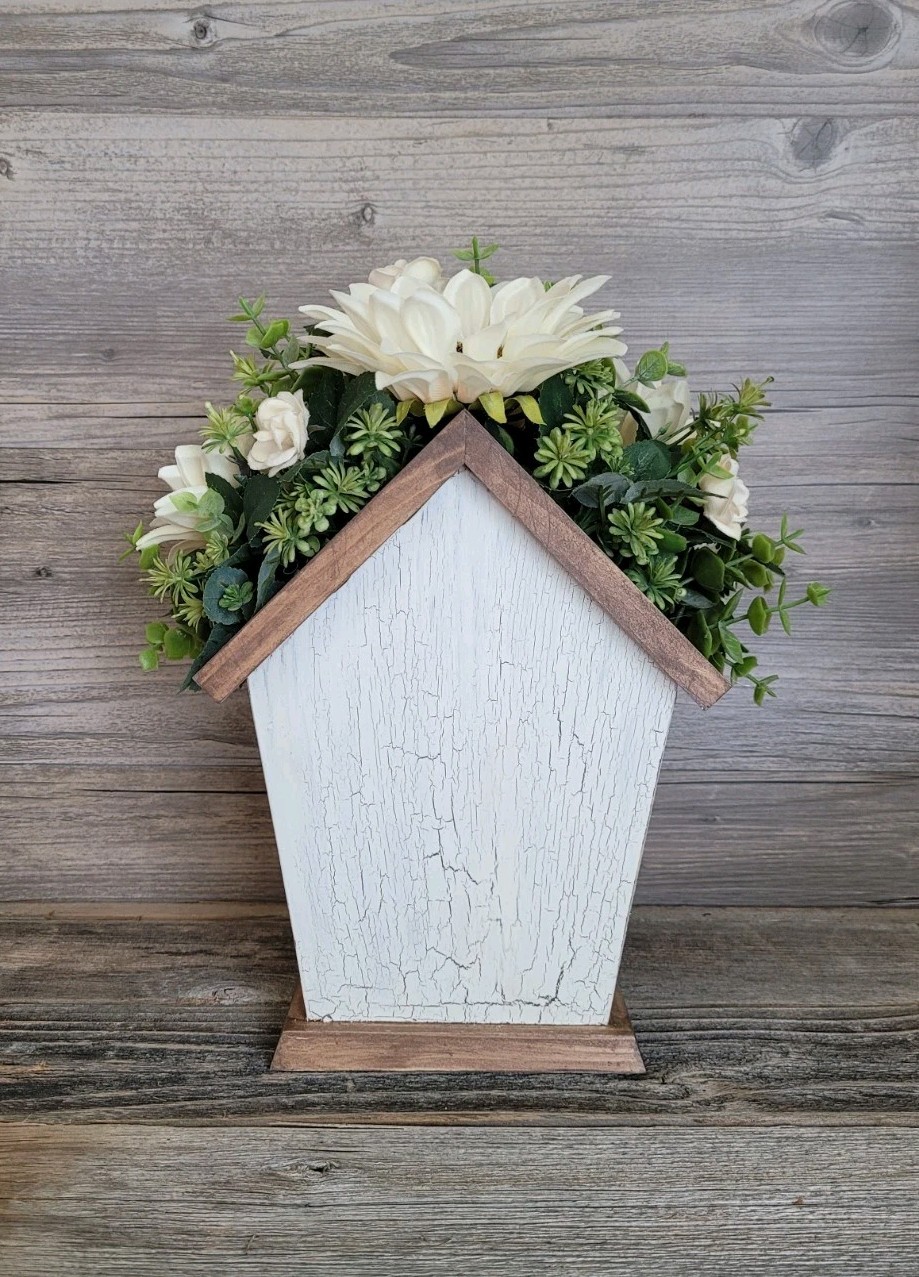 Faux Flower Arrangement Church Wood Box Decor