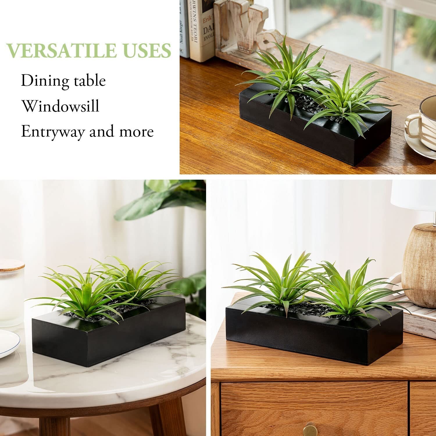Artificial Green Grass Plants in Decorative Black Wood Rectangular Planter Pot