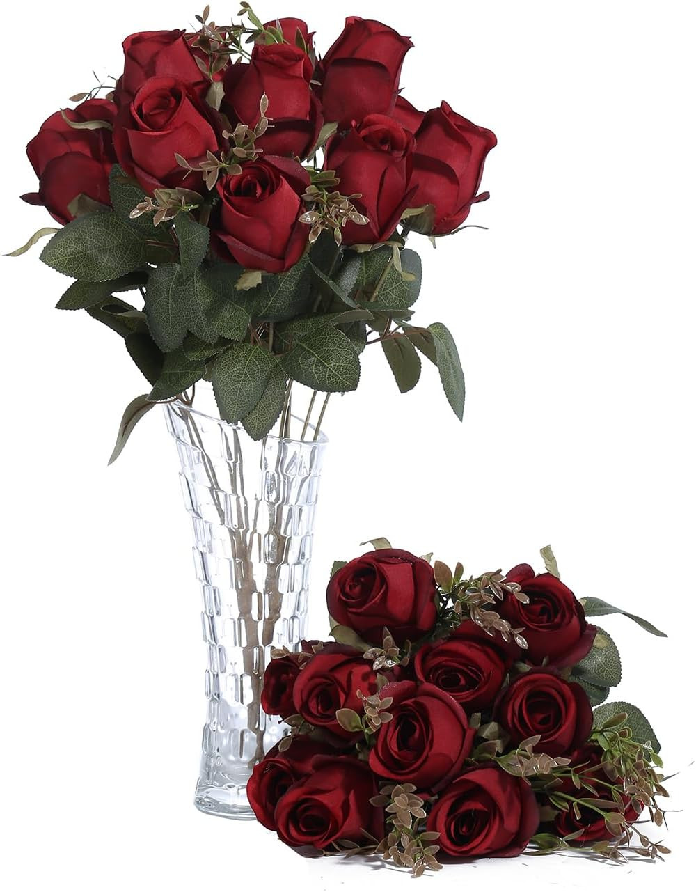 FlueHouzz Artificial Roses Flowers Fake Silk Rose Bouquet 12 Heads 2 Packs of Re