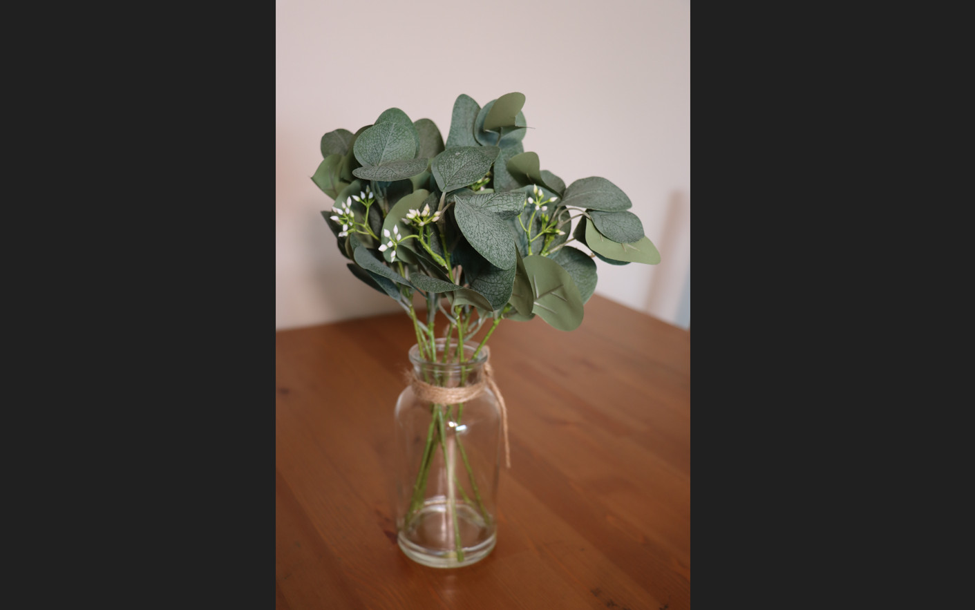Artificial Eucalyptus in Glass Vase with White Buds Rustic Farmhouse Decor