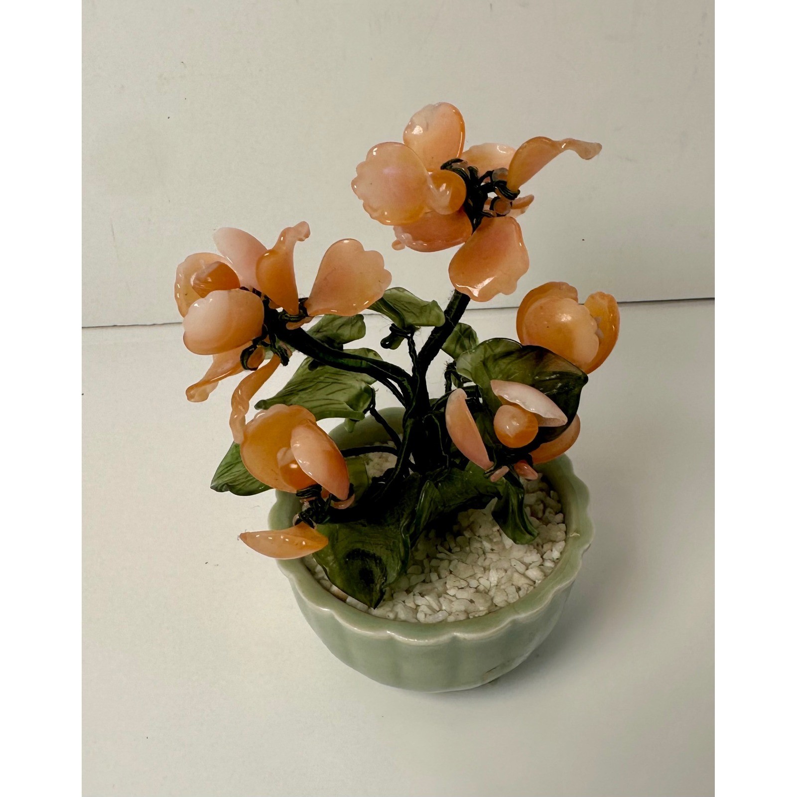 Vintage Peking Glass Bonsai Tree Orange Flowers Green Leaves Celadon Pot Decor