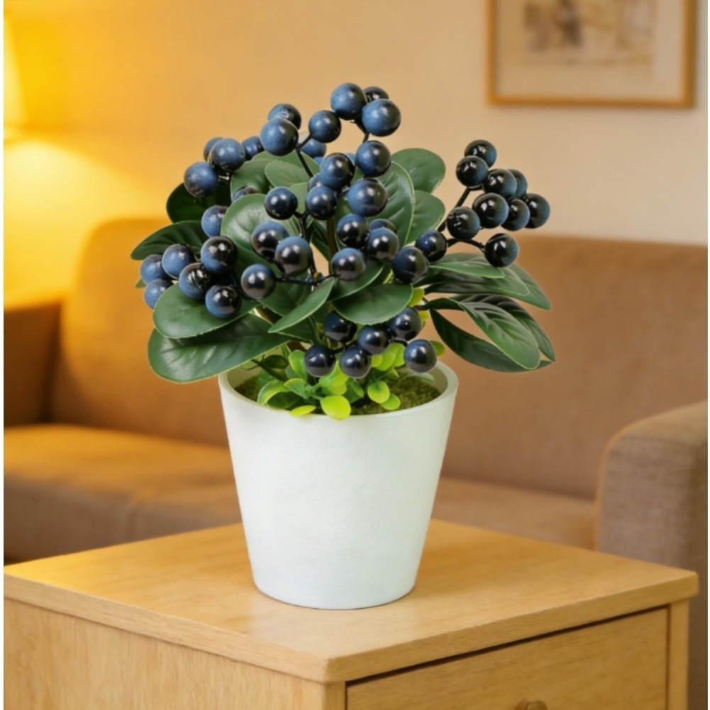 Potted Plastic Blueberry Holly Plant with Lifelike Berries and Foliage