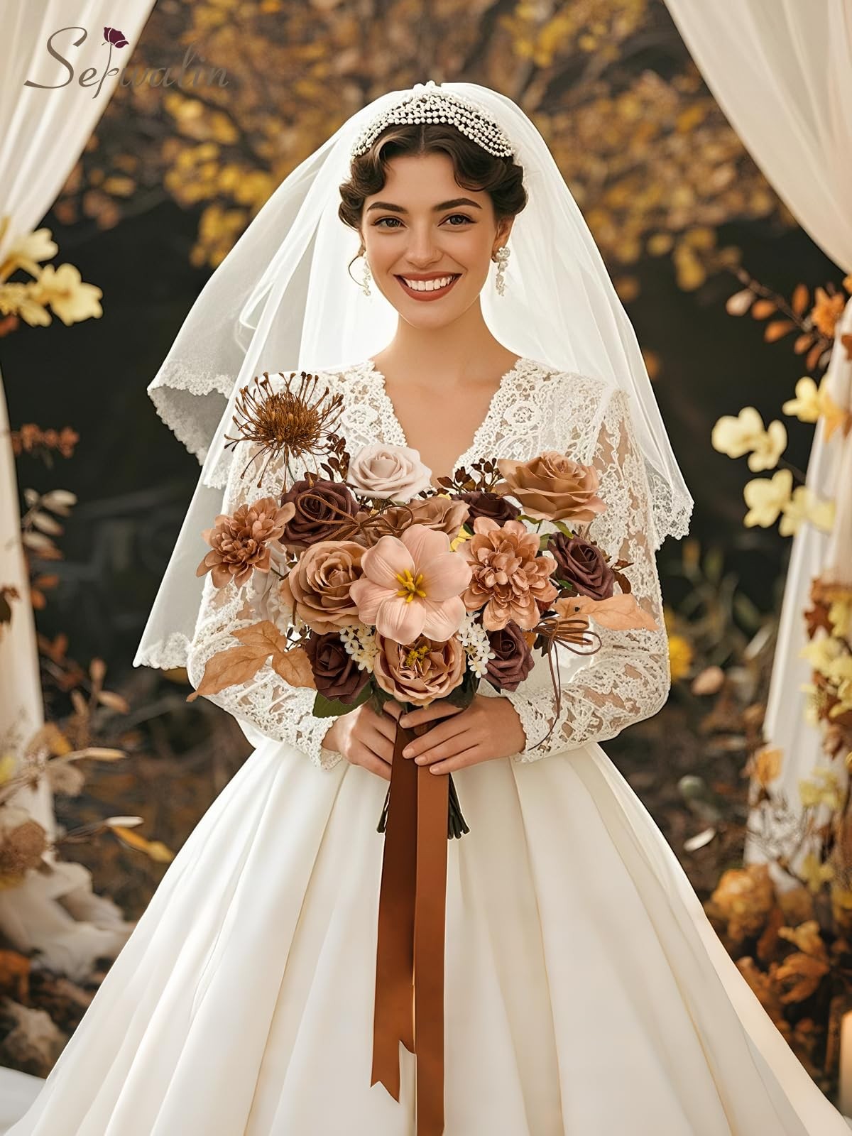 Artificial Flowers Brown Apricot Fake Silk DIY Wedding Bouquet Centerpiece