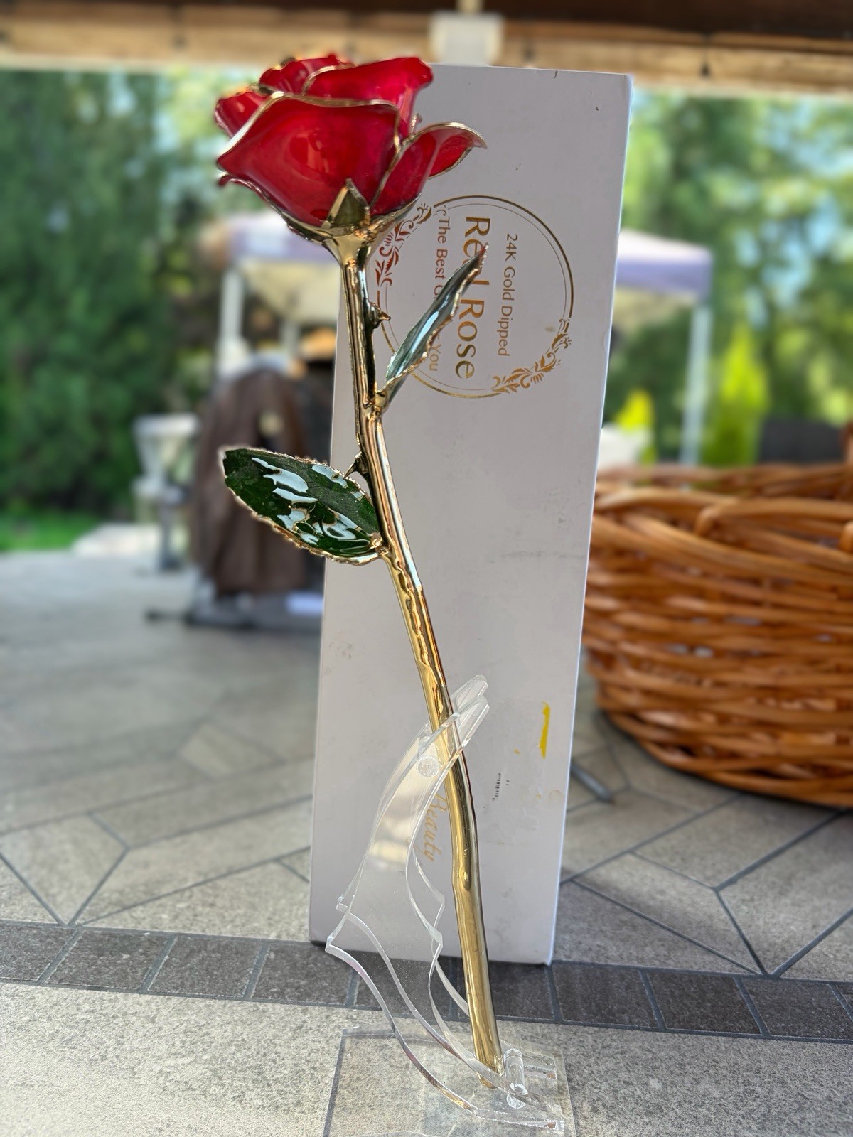 New In Box 24k Gold Dipped Real Red Rose With Clear Stand