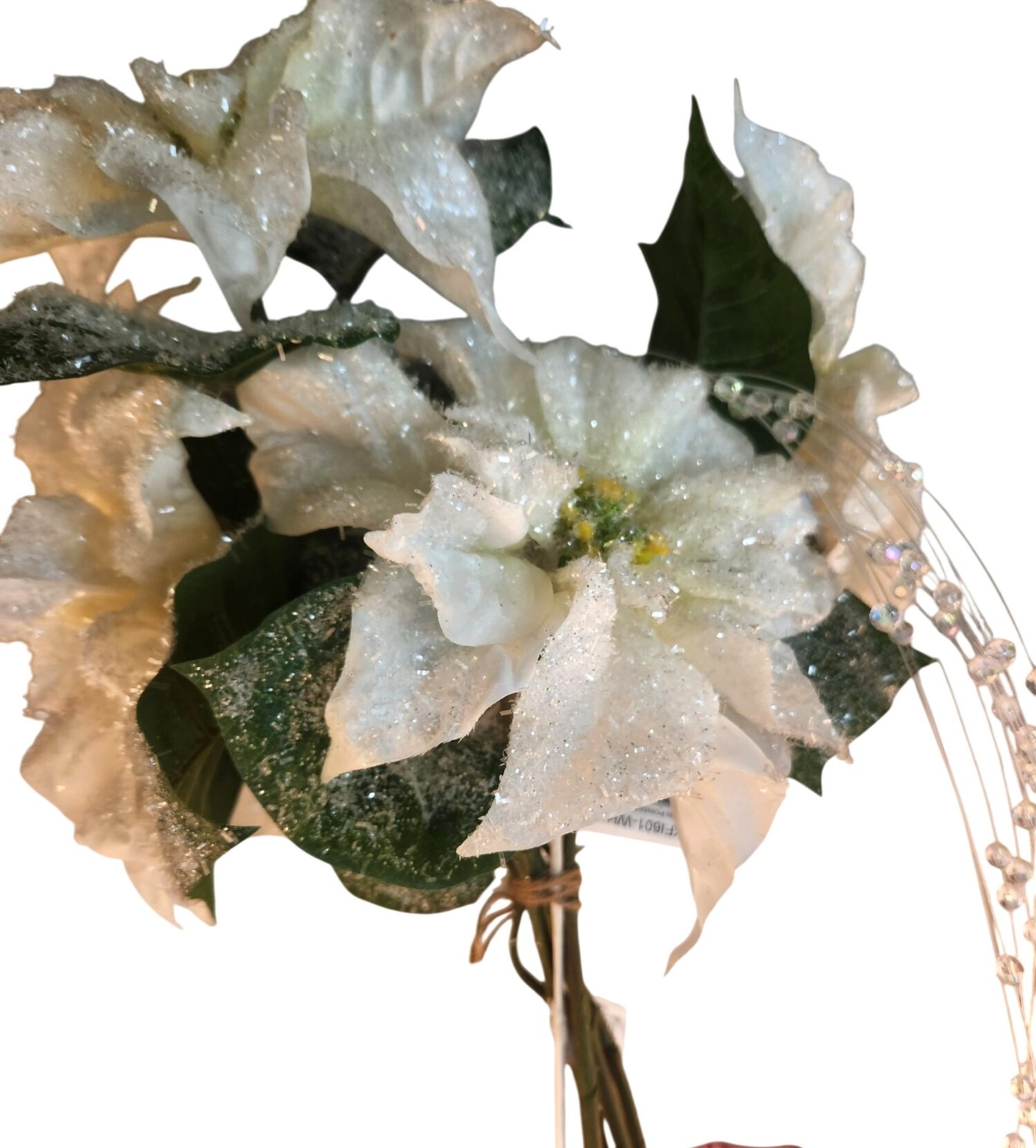 White Glitter Poinsettia Artificial Flowers With Crystal Bead Accents 4 Stems &