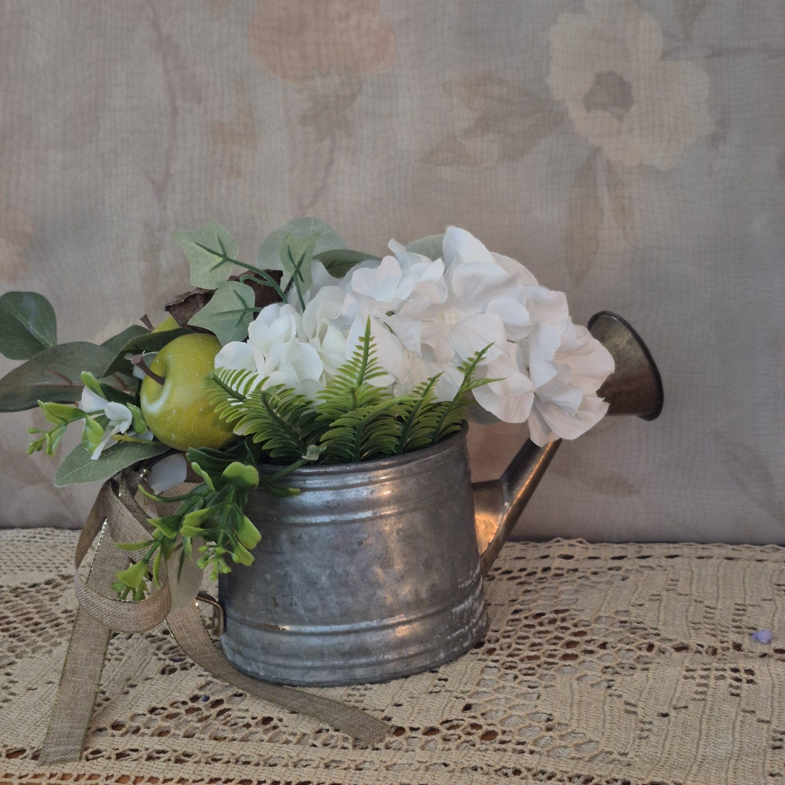 Floral Centerpiece, Vintage Metal Watering Can Cottagecore Faux Flowers