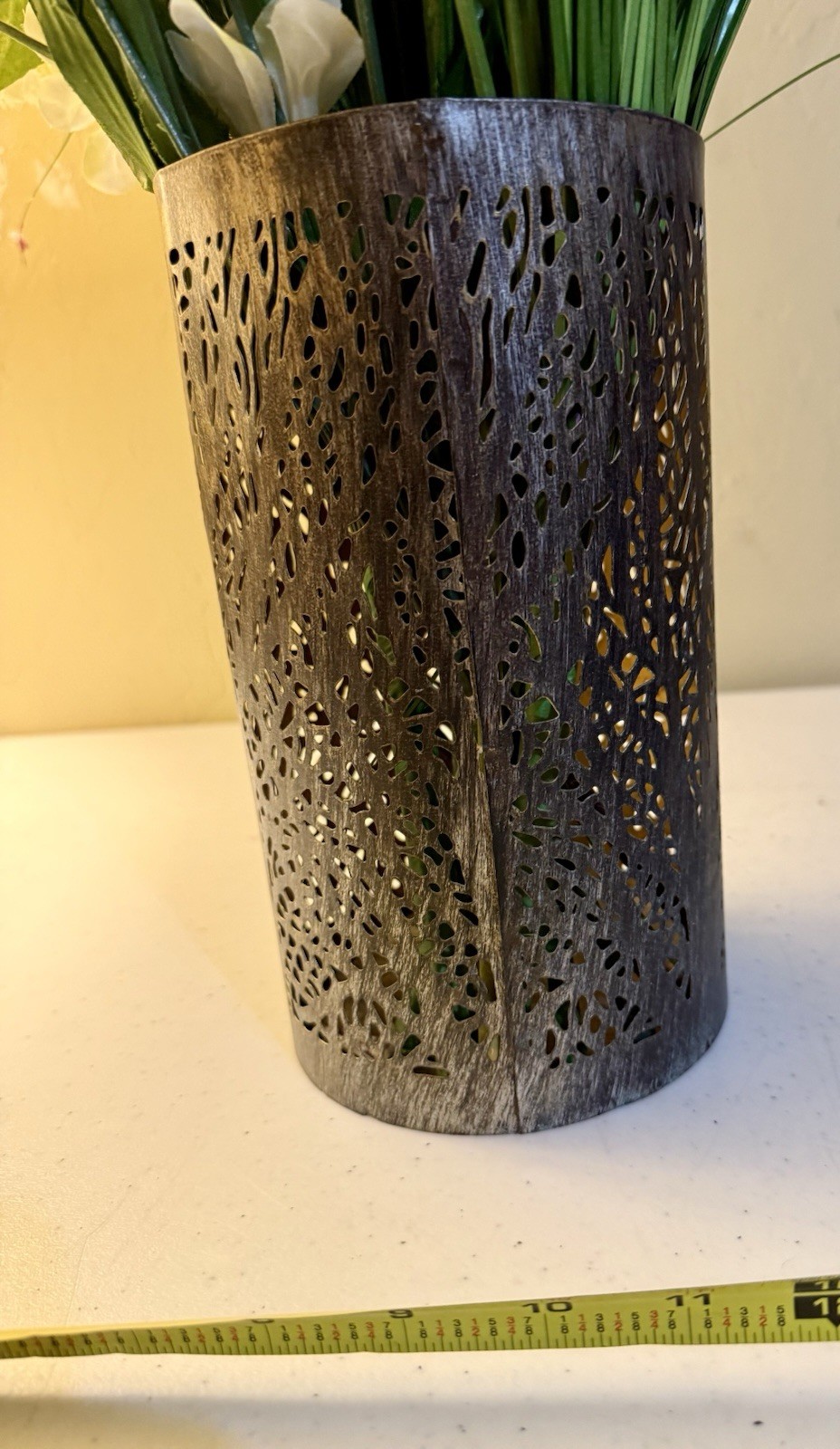 Faux Floral Arrangement White Hydrangea Lavender Metal Cylinder Vase Decor