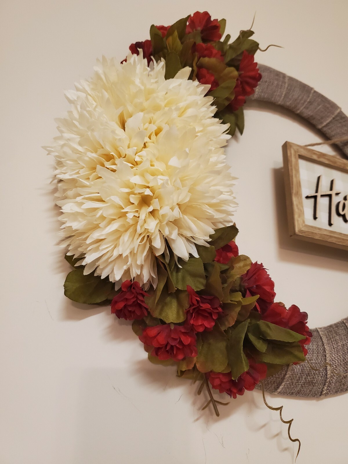 HARVEST fall FLOWER chrysanthemum mums red burlap WREATH autumn Decor Front Door