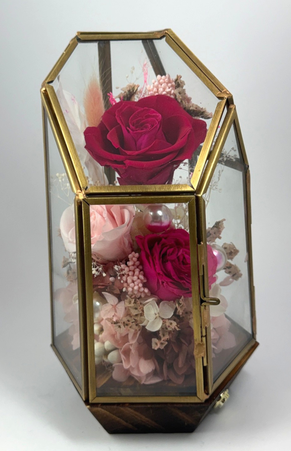 Mother’s Day Forever Preserved Pink & Red Roses in Glass Terrarium Dome w/ LED