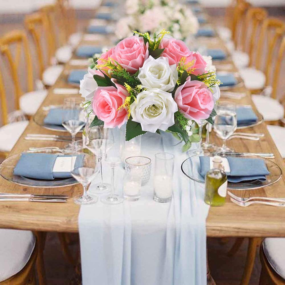 LANLONG 2 PCS Fake Flower Ball Arrangement Bouquet, 15 Heads Plastic Roses wi