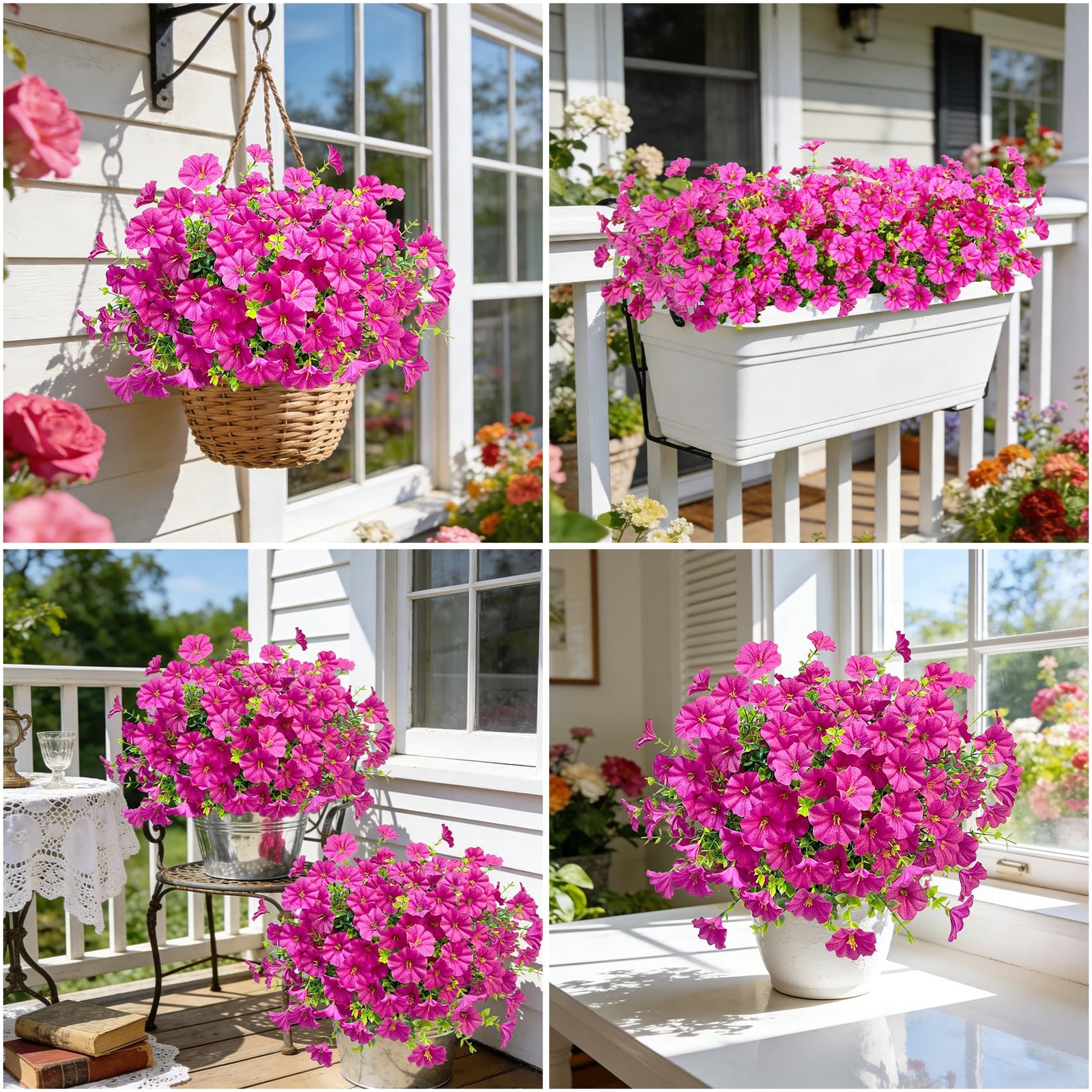 24 Pcs Artificial Petunias Flowers for Outdoors, Rose Red