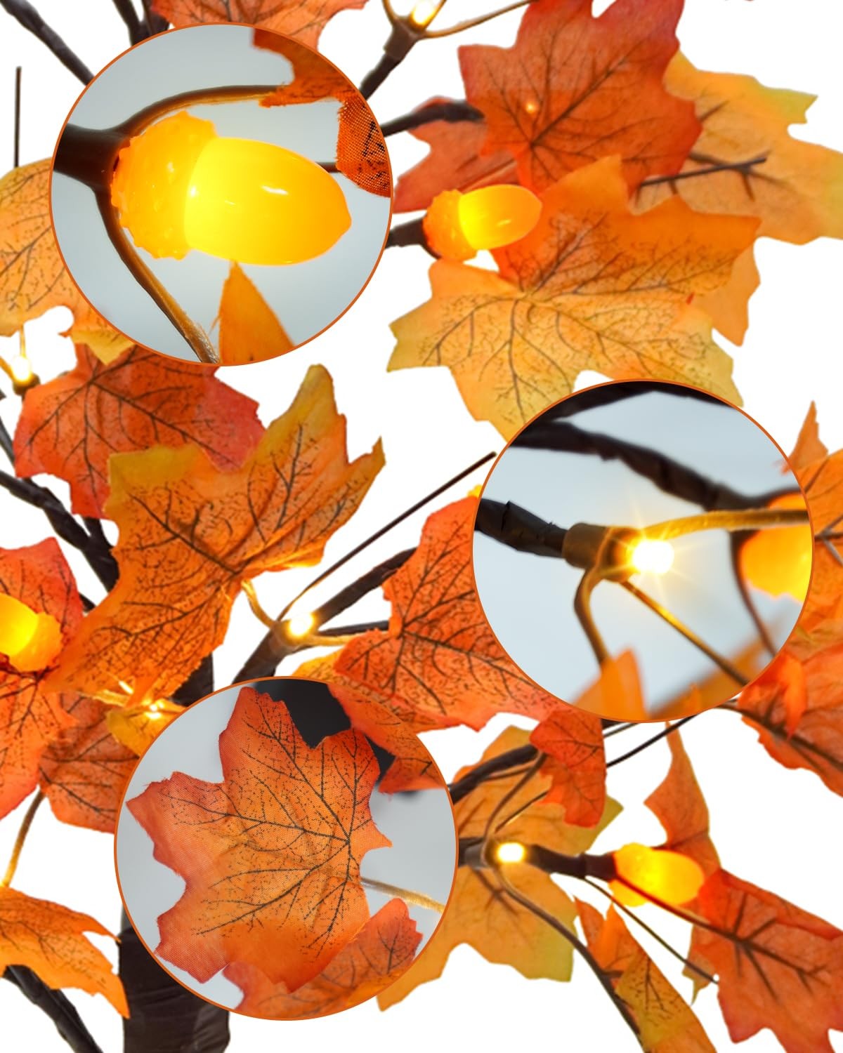 2 PCS 24 Lighted Artificial Fall Maple Tree 48 LED Pine Cones Timer