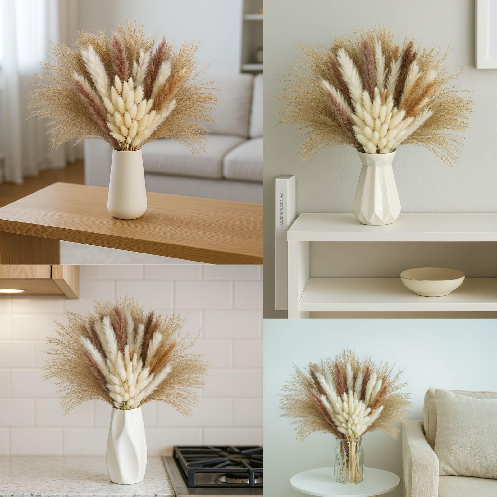 100 Pcs Natural Dried Pampas Grass & White Bunny Tails, 17″ Fluffy Boho Decor…