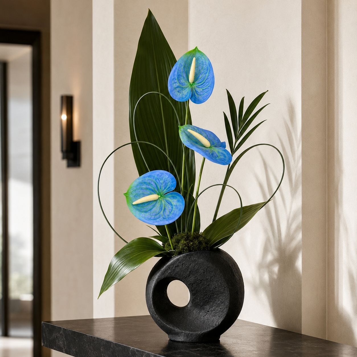 Blue Green Artificial Anthurium Stems Set of 3, 24 Inch Real Touch Tropical Flow