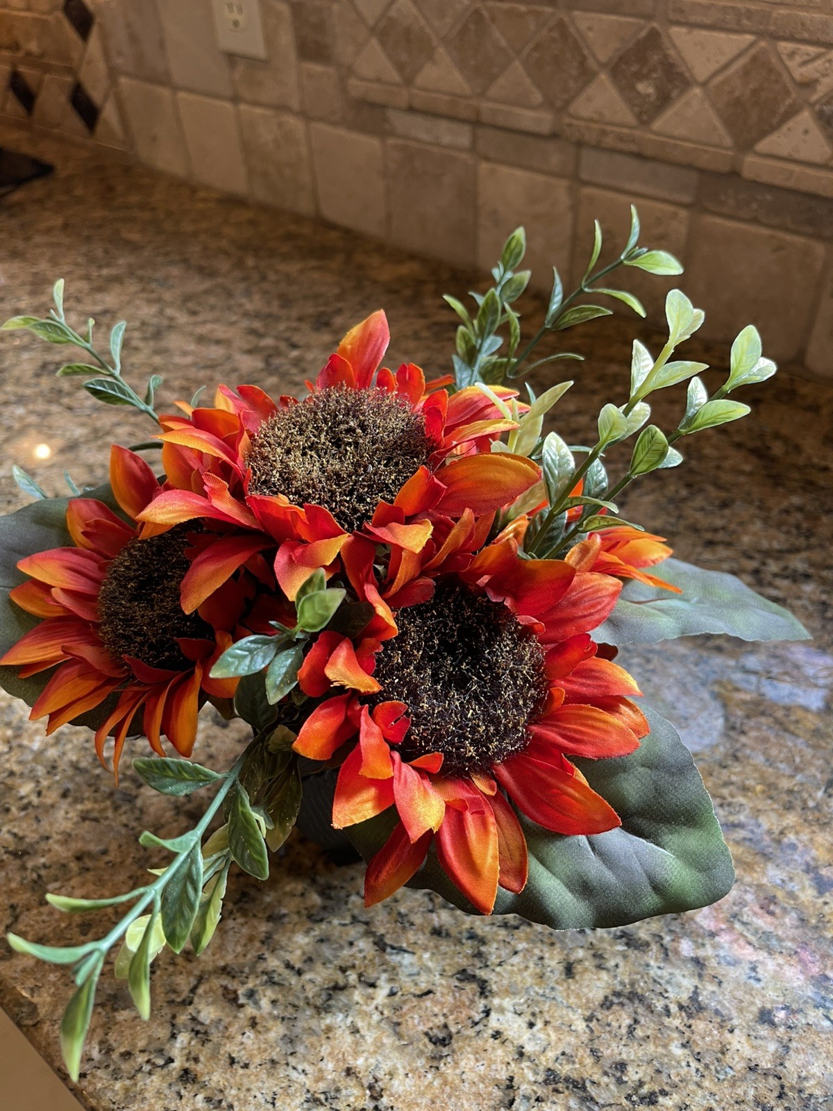 Sunflower Artificial Floral Arrangement In Ceramic Pot. Approx 9 “ tall.