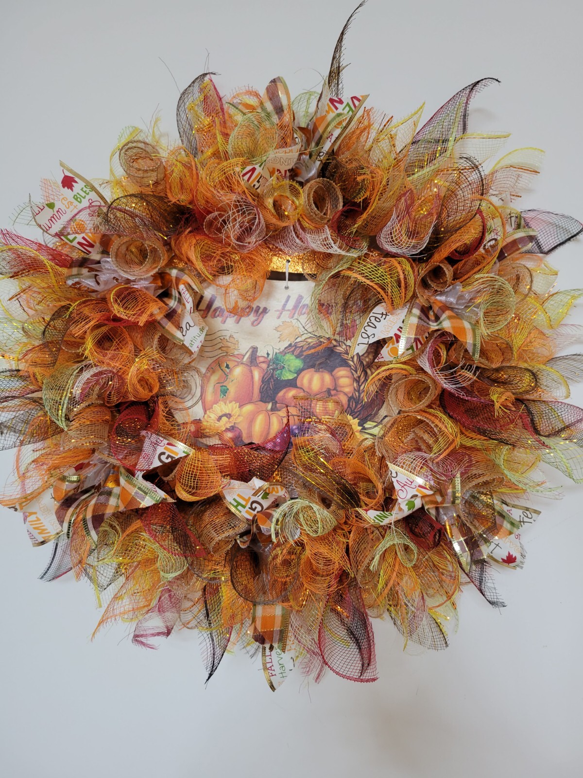 HAPPY HARVEST autumn Spring Mesh Front Door Wreath Wall Decor Bright colors