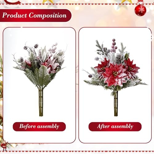 Artificial Christmas Flowers Bouquet 12″ Frosted Poinsettias Flowers 1PC Red