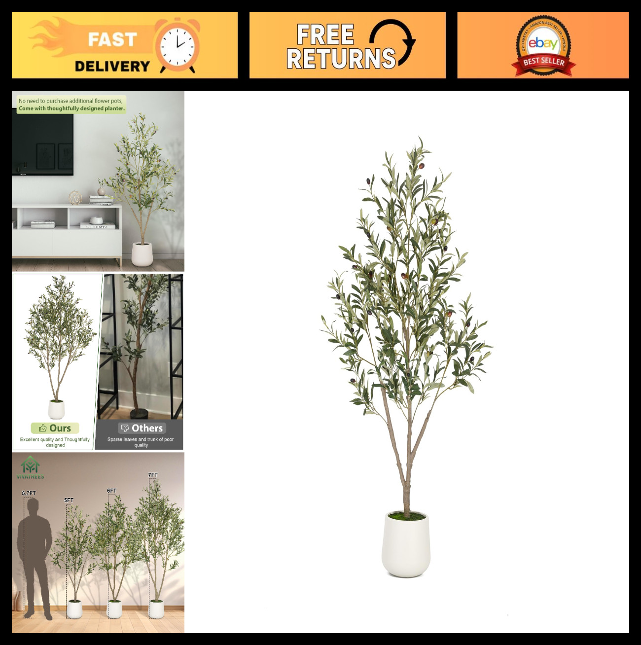 5FT Tall Artificial Olive Tree with White Planter – Faux Indoor Plant, Lifelike