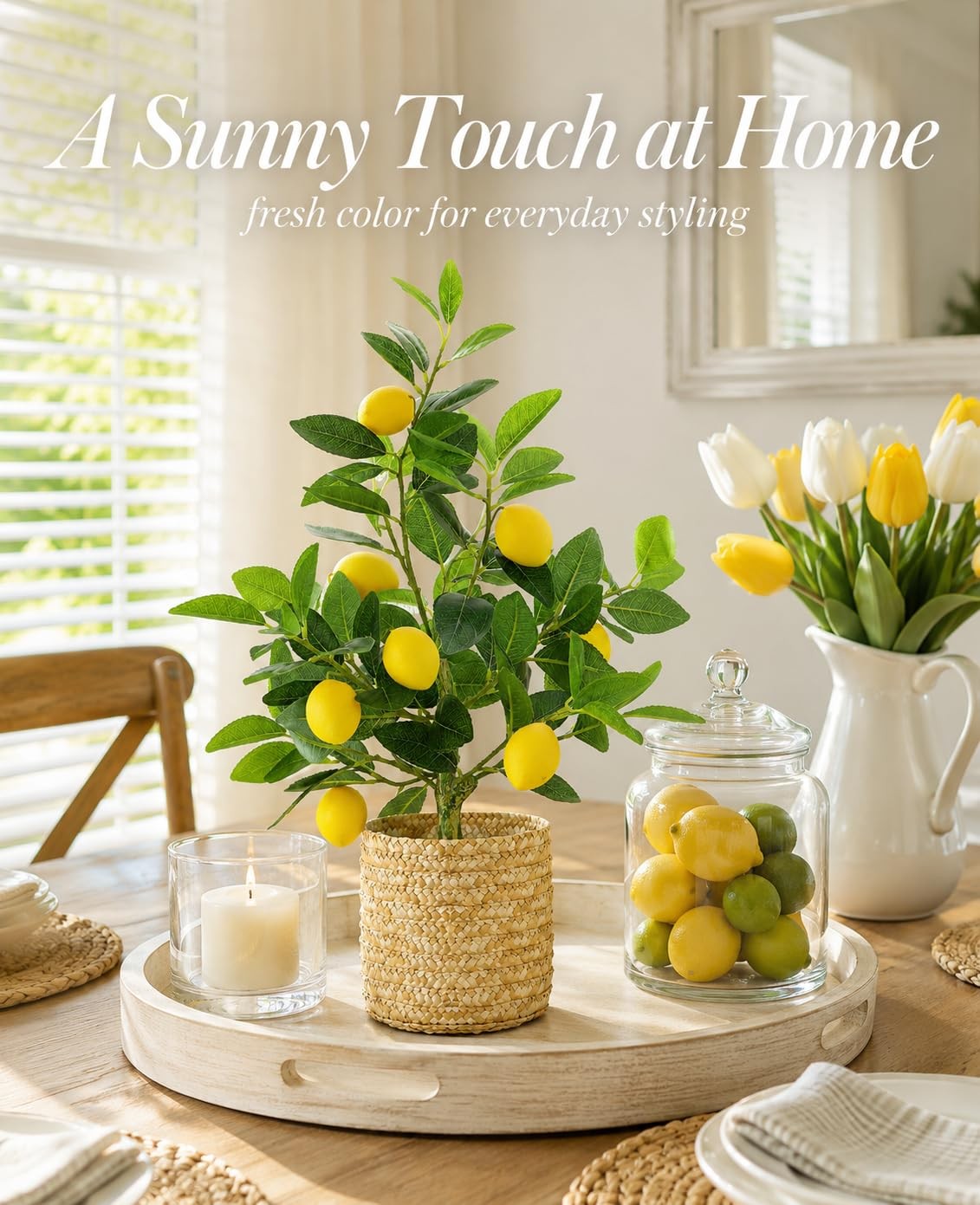 Artificial Lemon Tree with Woven Basket, Faux Lemon Decor for Kitchen and Hom…