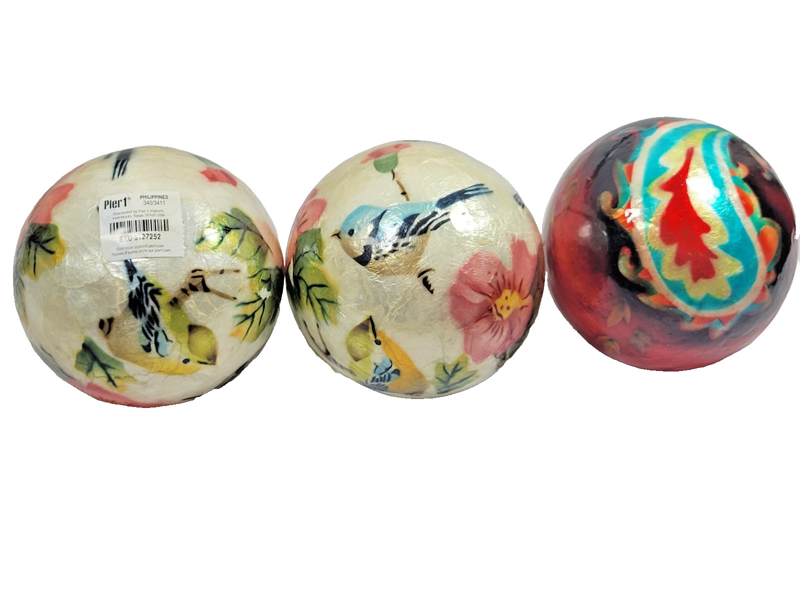 Pier one decorative Balls 2 w/ Birds 1 w/ Paisley print