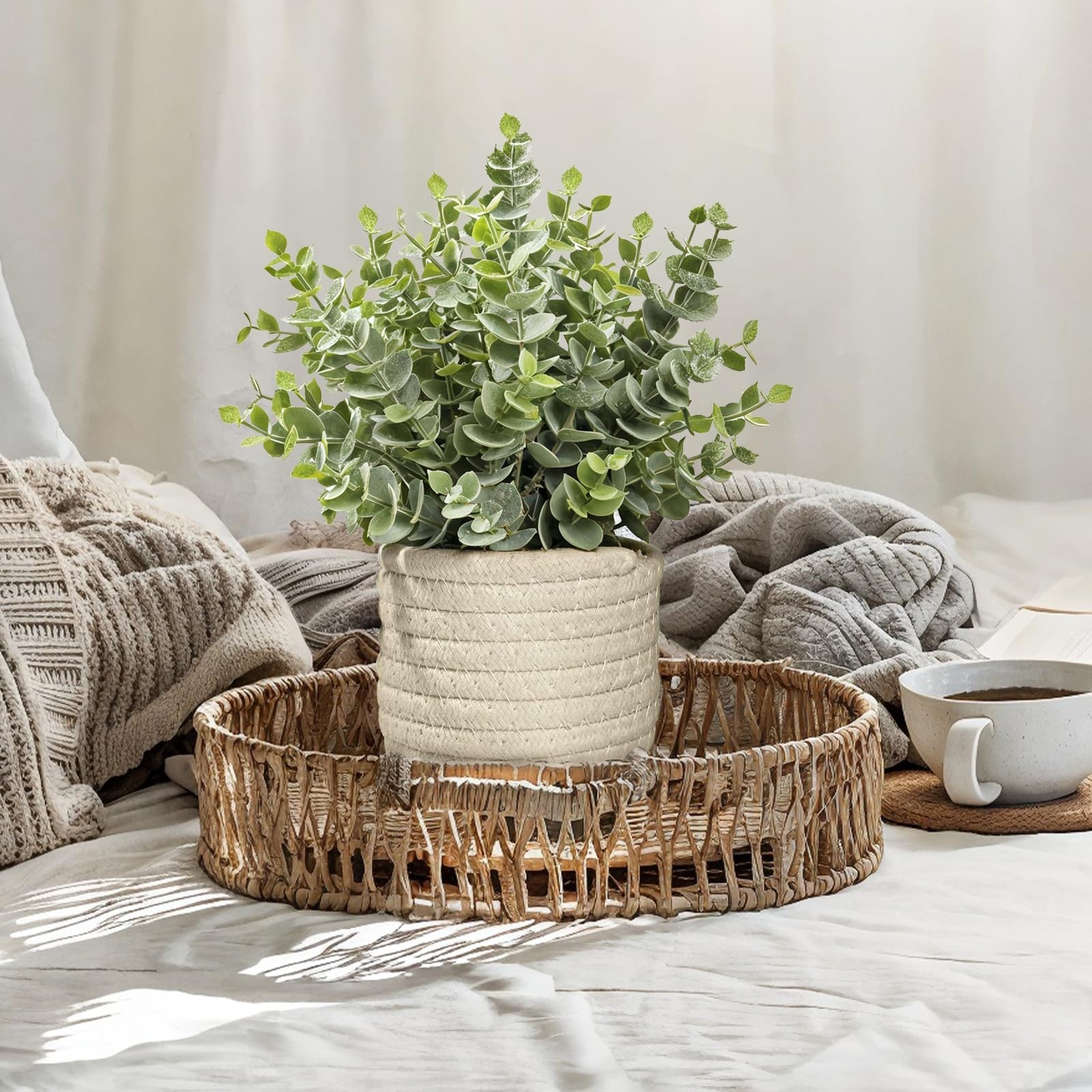 Faux Fake Plants Eucalyptus Potted Weave Basket Indoor Greenery Tabletop