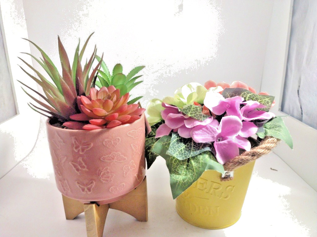 Faux Plant Mini Succulent Flowers & Hyrengea in Ceramic Pot 4″ Pot Set Of 2