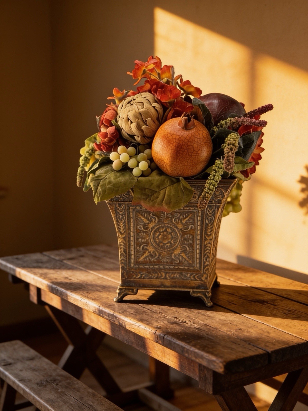 Fall Faux Floral Fruit Arrangement Grapes Pomegranate Planter Centerpiece 14”