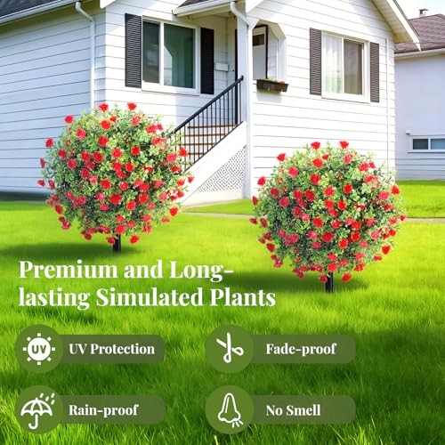 Artificial Boxwood Topiary Ball with LED Lights,23.6” Artificial Red Flowers