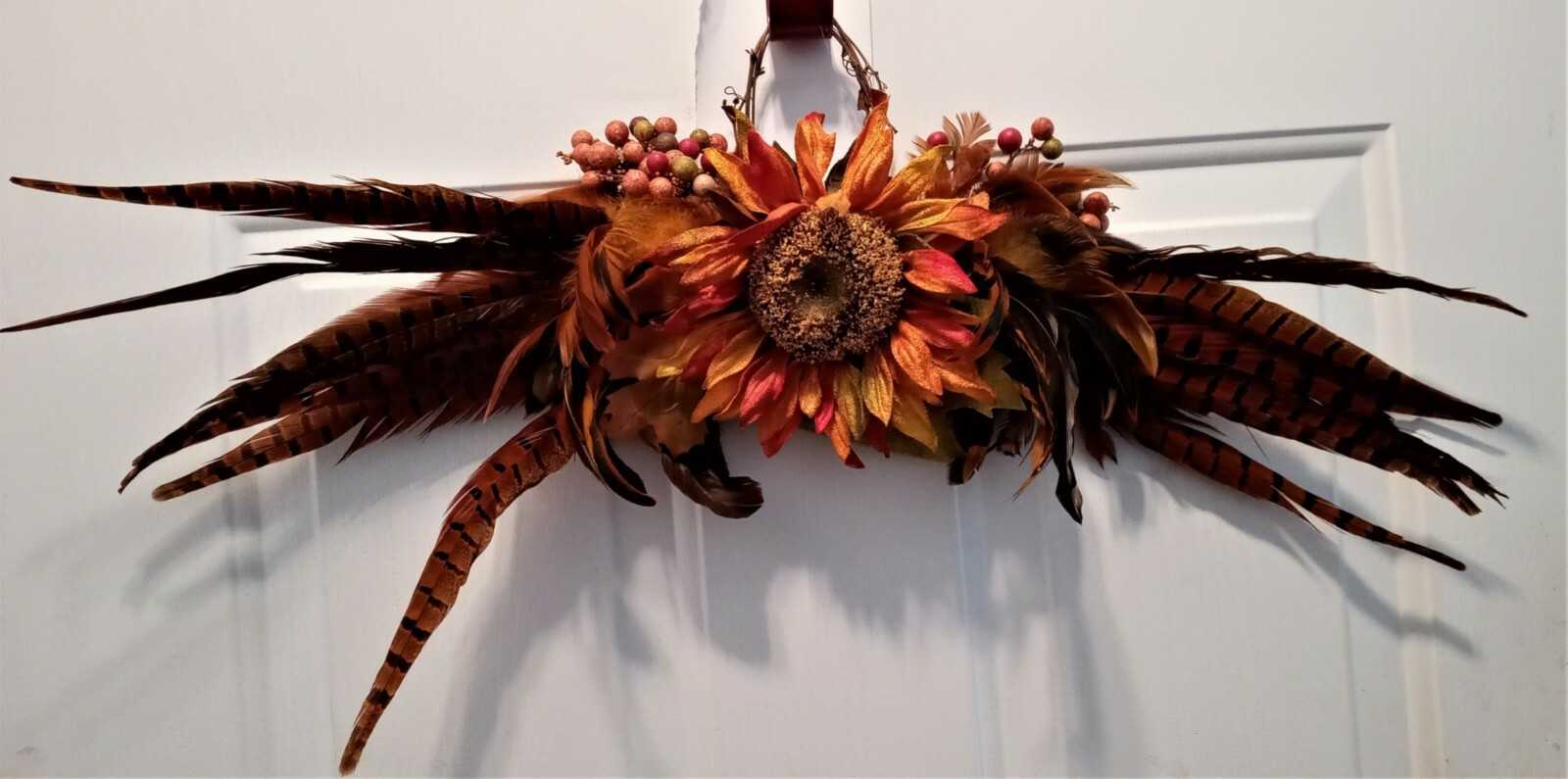 NWT Autumn Floral Wall Swag – Copper Feathers & Orange Sunflower – 27″W x 11″T