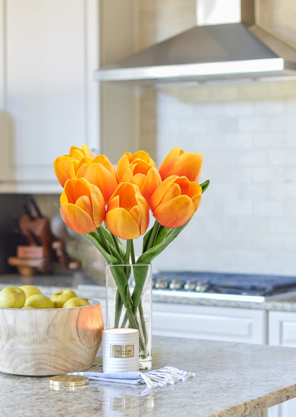 Orange Artificial Tulip Fake Flowers Clear Vase Real Touch Arrangement