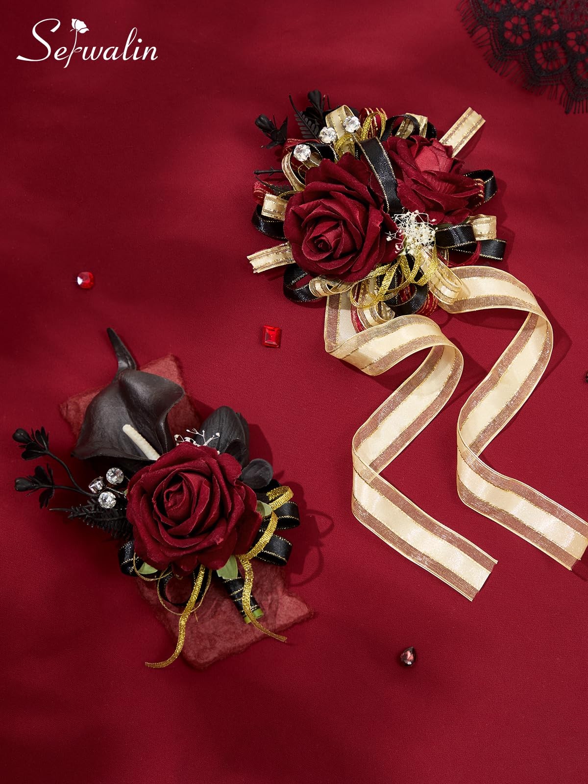 Burgundy Prom Corsage and Boutonniere Set, Artificial Calla Lily Red Rose Wri…