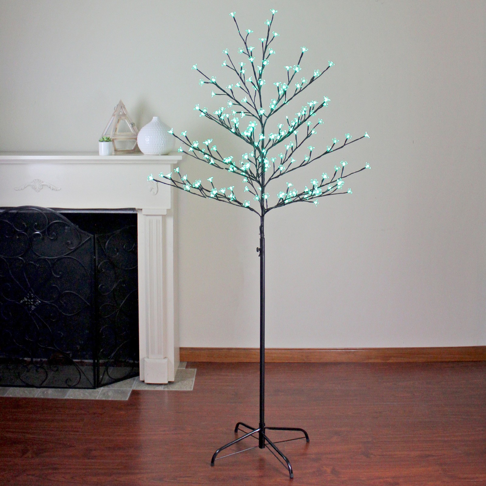 Northlight 6′ LED Lighted Cherry Blossom Flower Artificial Tree – Green Lights