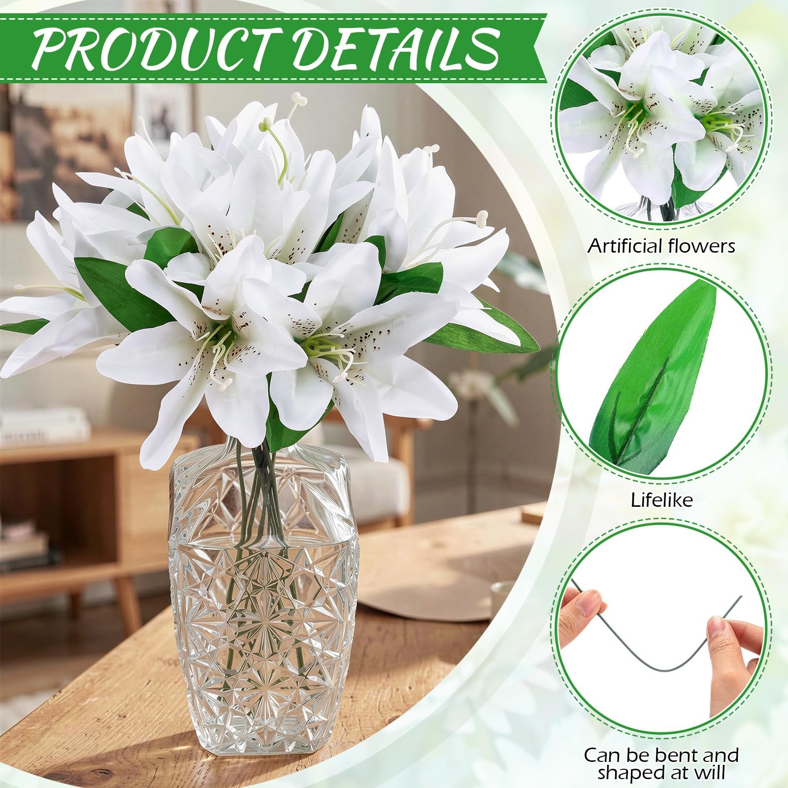 24 Pcs Artificial Lilies Flowers Fake Silk Lilies with Stem and Green Leaf Fa…