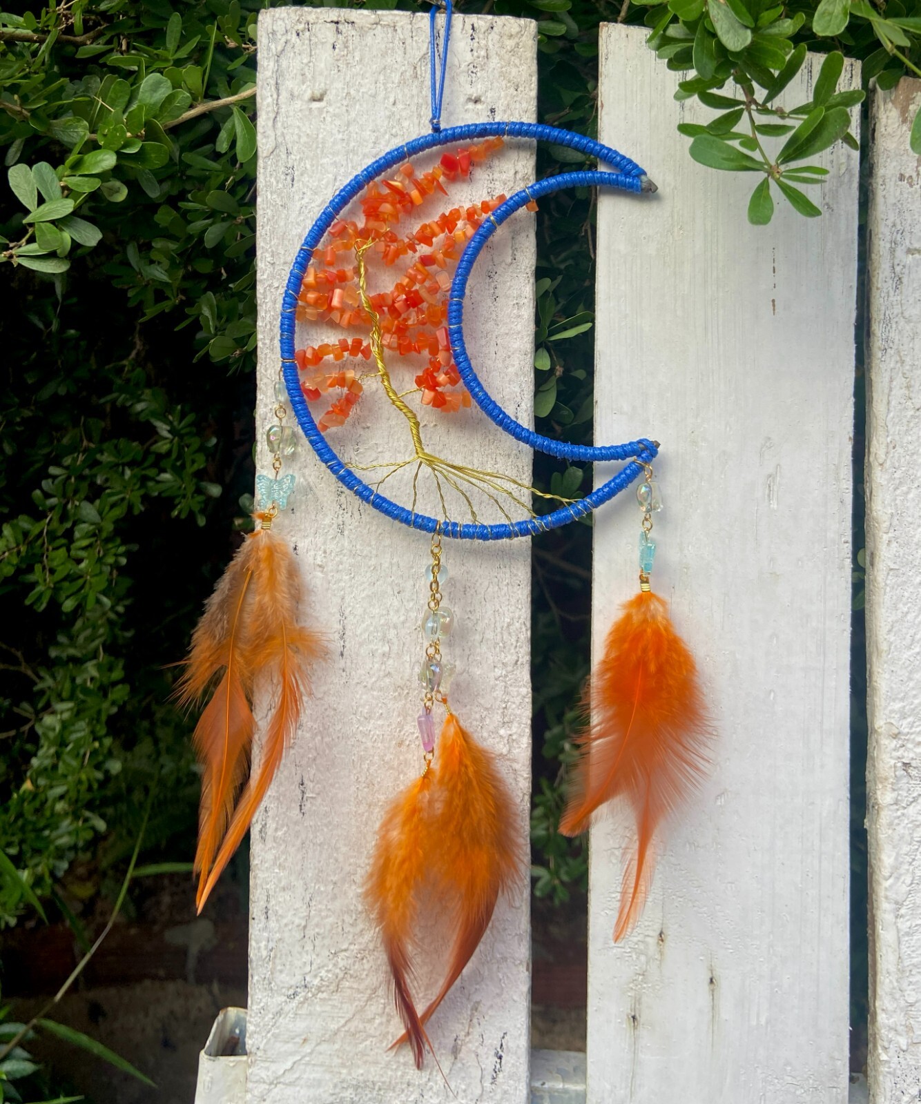 Mystical Blue Moon Dream Catcher with Tree Motifs and Delicate Stone Details