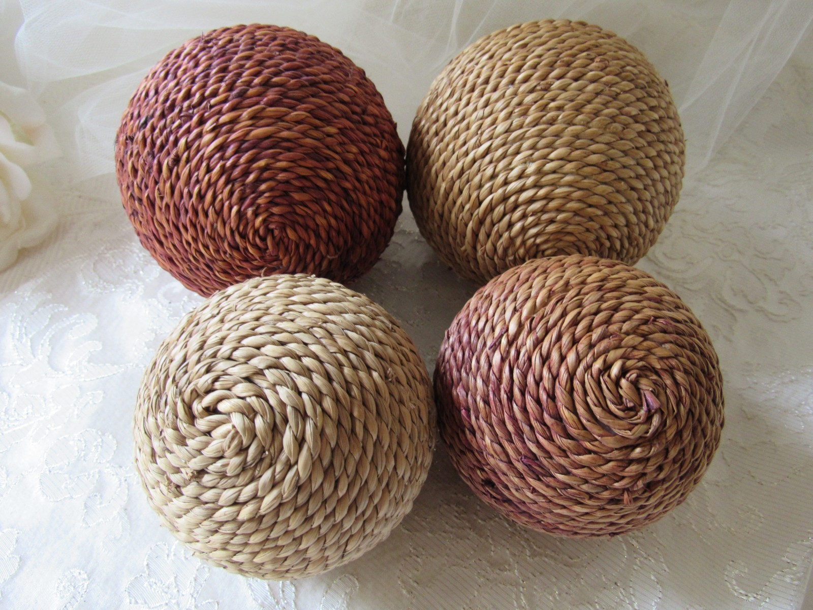 Jute Decor,set of 4,Mix Matched Floral Decor,4″ & 3″,Boho,tuscan,moroccan,sisal